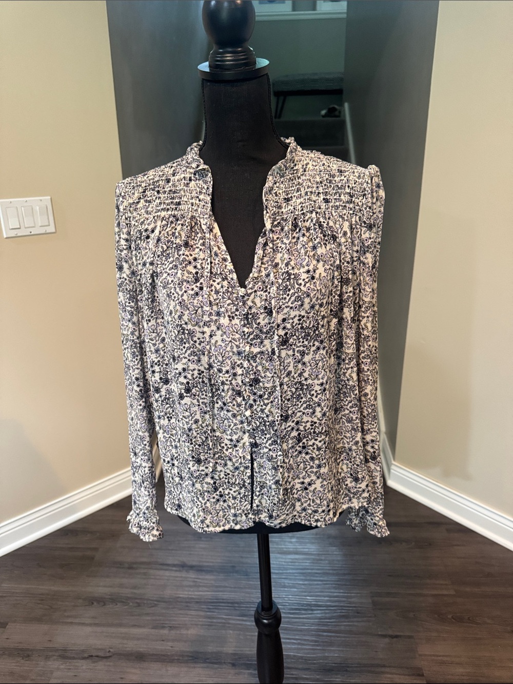 Free People Black & White Floral Smocked V-Neck Blouse